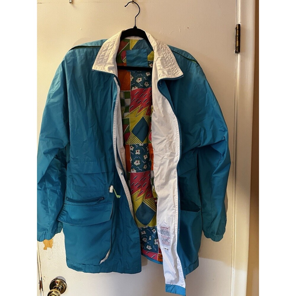 Vintage 1990s London Fog Teal Windbreaker with Geometric Abstract Liner - Large